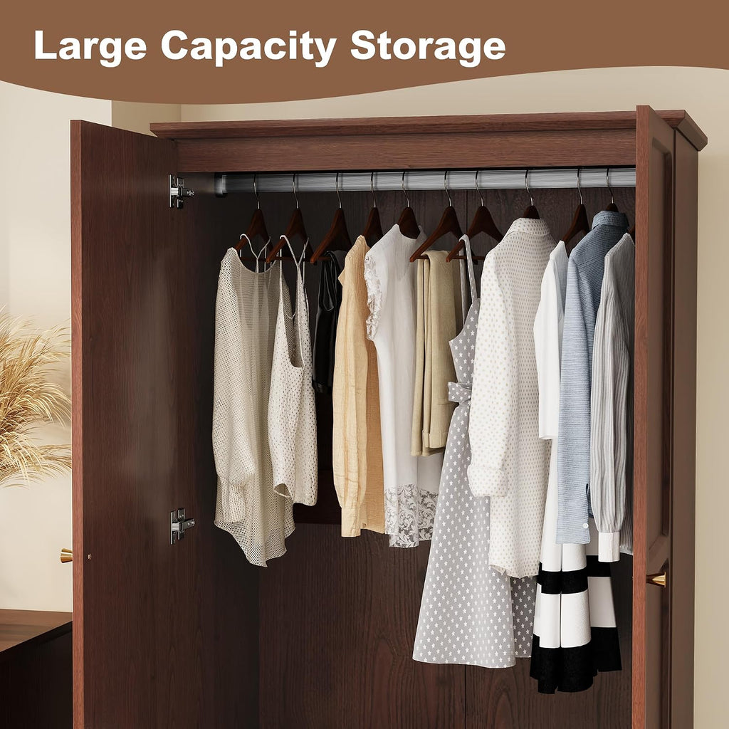 71" Mid-Century Modern Armoire Wardrobe Closet with Doors and Drawers,Wooden Armoire Storage Cabinet with Hanging Rod