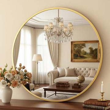 24 Inch Round Mirror for Wall, Round Bathroom Mirror, Circle Wall Mirrors with Gold Metal Frame, Circle Mirrors