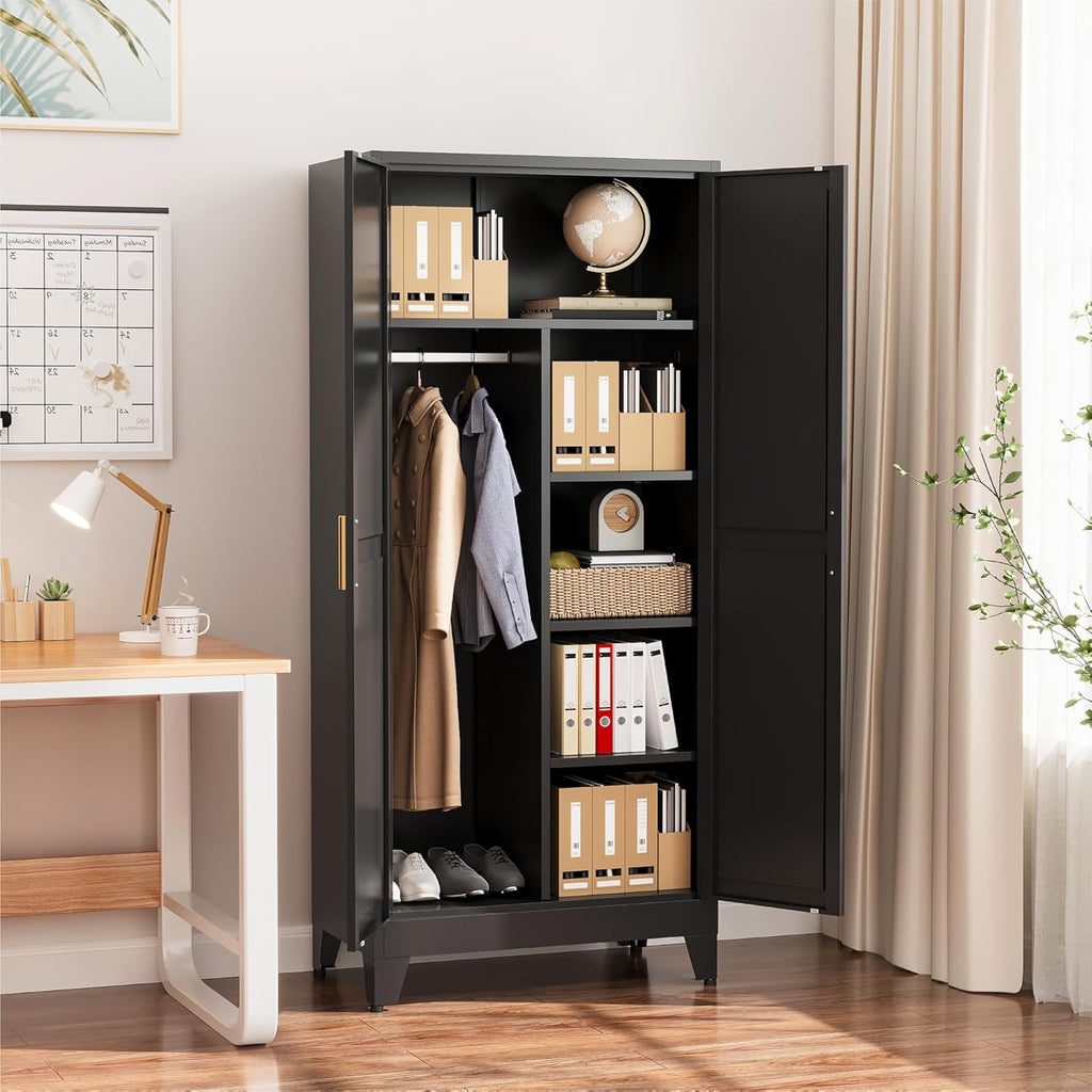 Black Metal Wardrobe Closet, Reversible 2-Section Design with Hanging Rod & Adjustable Shelves, 71" Freestanding