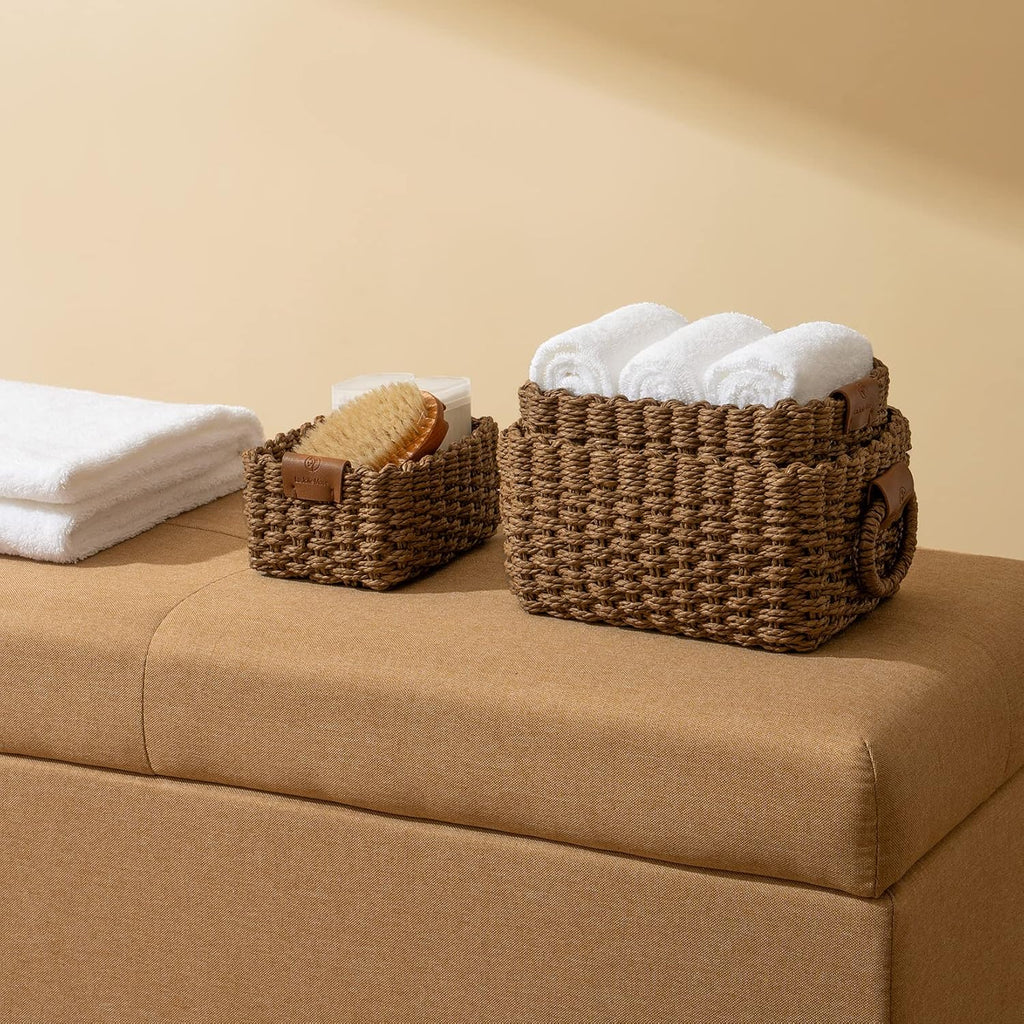 Small Wicker Baskets for Organizing, Brown 3 Pack | Decorative Organizer with Vegan Leather Tag, Round Handle