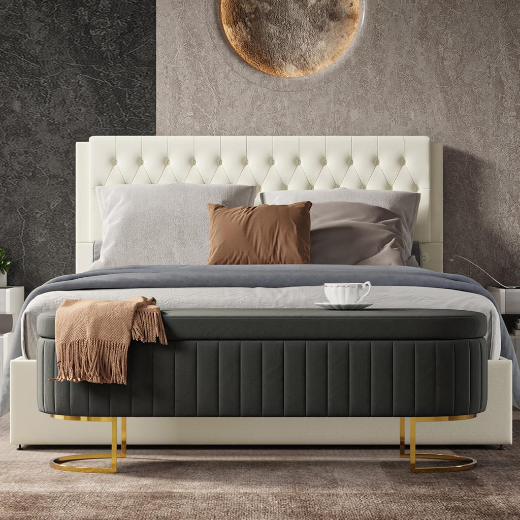 55.5" Storage Bench Ottoman End of Bed Bench Bedroom Bench, Upholstered Velvet Long Window Bench Large King Size with