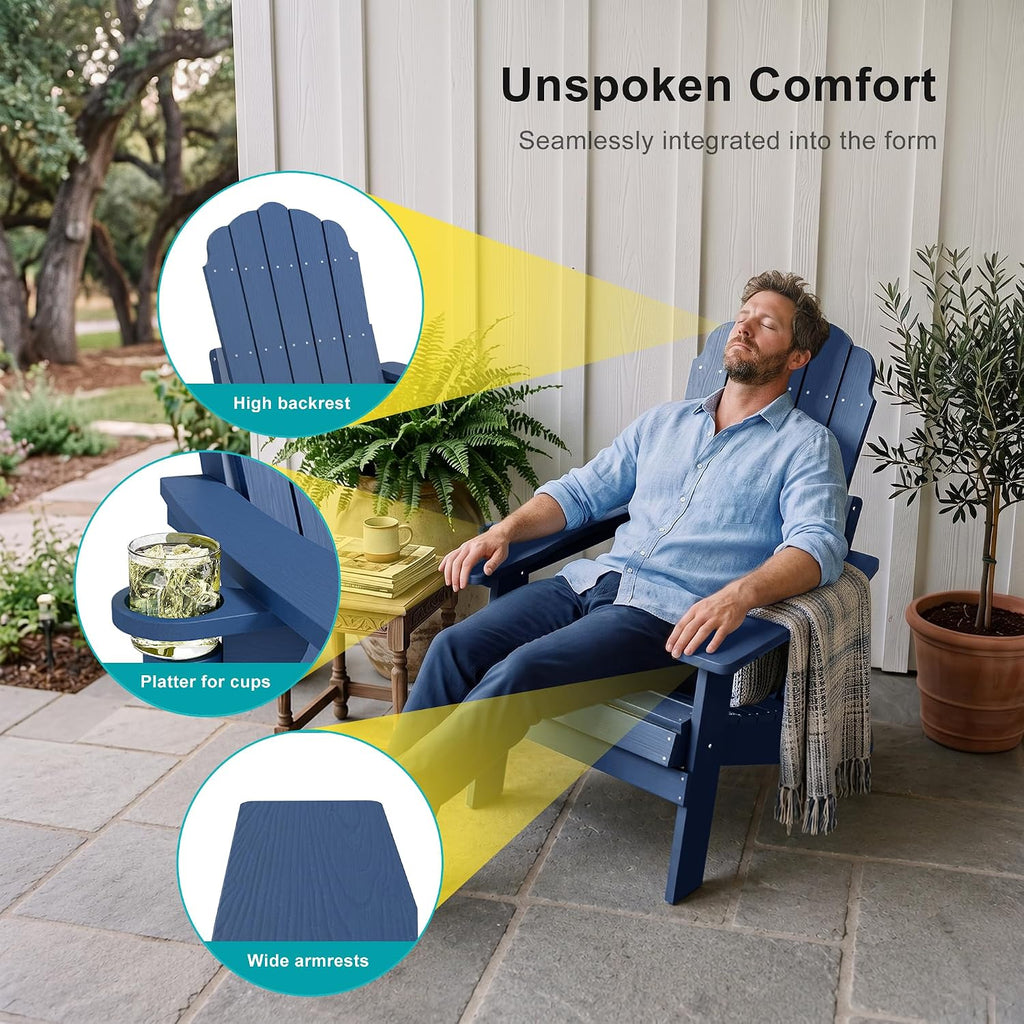 All-Weather Foldable Adirondack Chair, Fire Pit Chair | Weather Resistant Heavy-Duty Outdoor Chair with Cup Holder