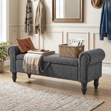 55" Corduroy Bench End of Bed, End of Bed Bench with Storage, Bed Benches with Rolled Arms, Upholstered Storage Bench