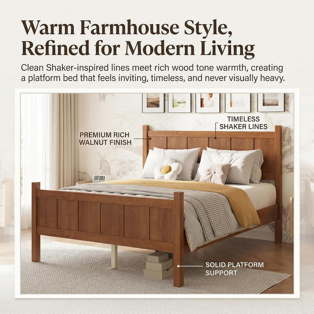 Twin Platform Bed Frame with Headboard & Footboard, Modern Farmhouse Wood Grain Flat Panel Bed for Kids, Teens, Small