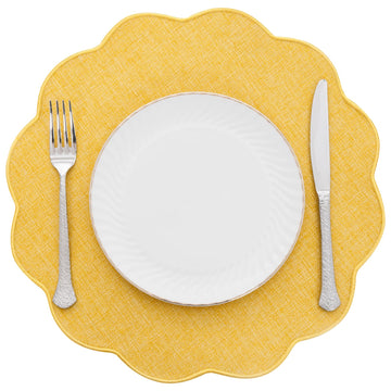 Yellow Round Scalloped Placemats Set of 4 Polyester Linen Blend