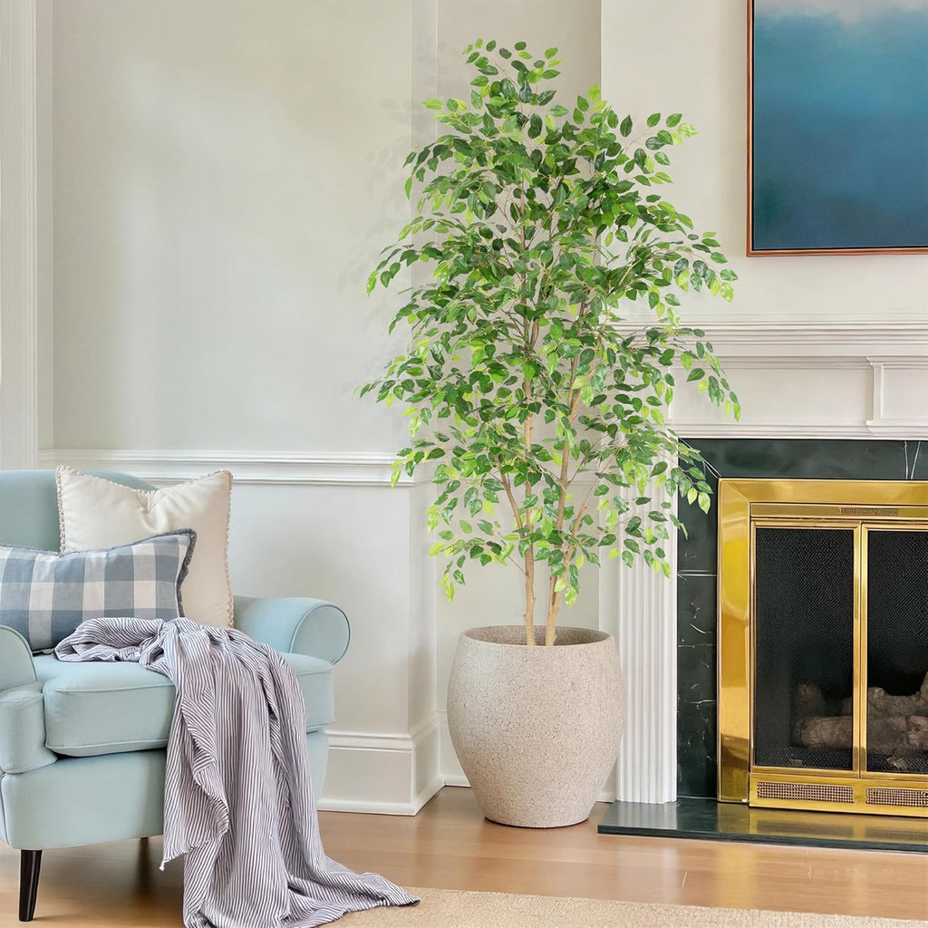 Tall UV Resistant Ficus Tree Artificial,6ft(72in) Faux Ficus Tree with Realistic Smooth and Shiny Leaves, Fake Trees