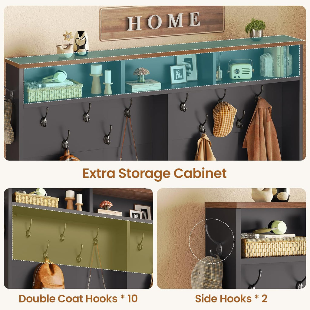 Hall Tree with Bench and Shoe Storage, 5-in-1 Entryway Bench with Coat Rack, 16 Shoe Cubbies & 12 Coat Hooks, Barn