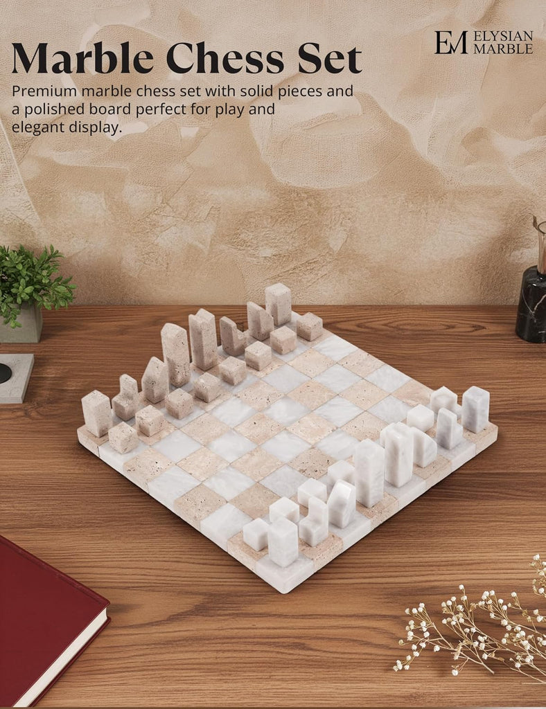 Modern Chess Set - Handcrafted Borderless Marble Chess Board with Minimalist Geometric Pieces, Luxury Decorative