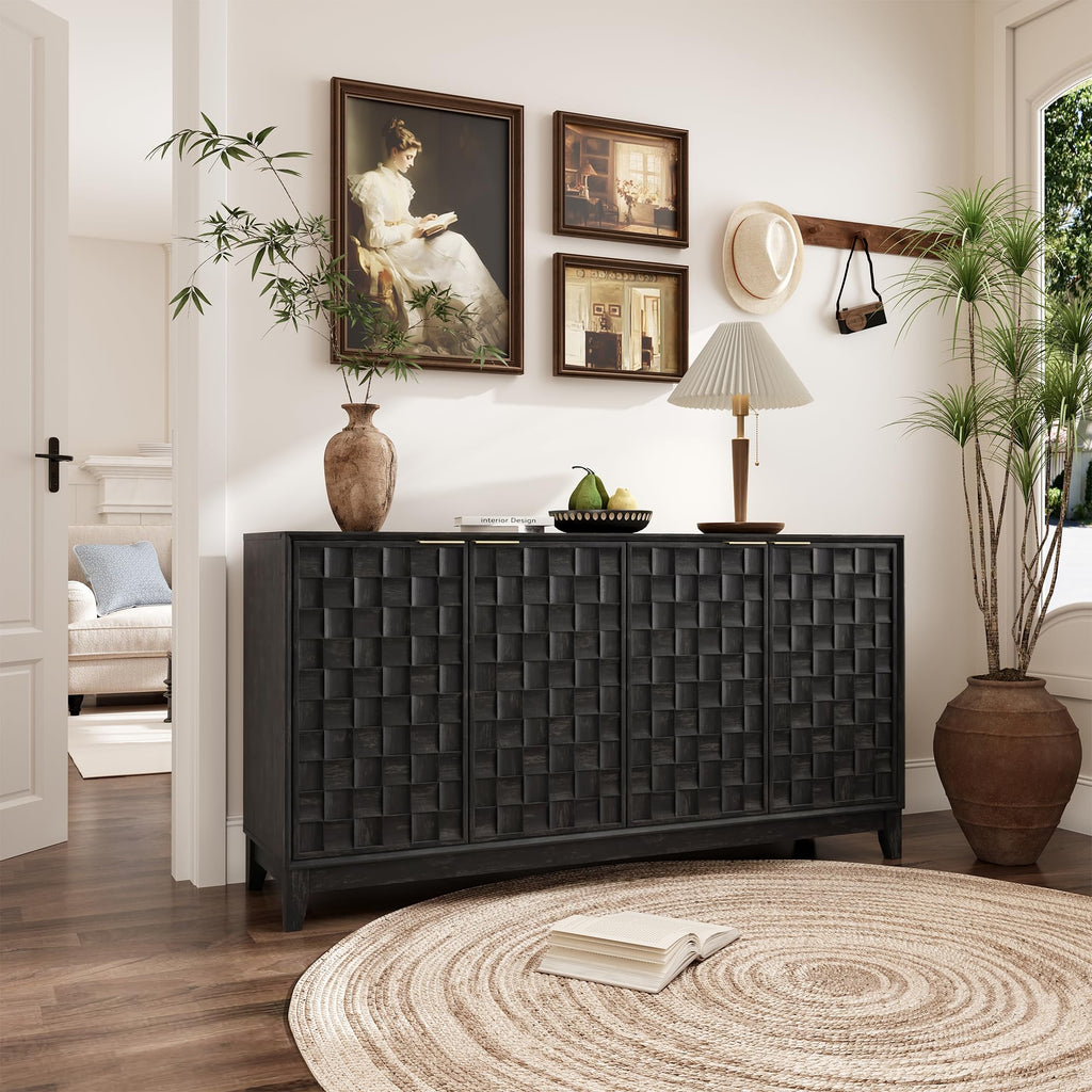59" Fluted Sideboard Buffet Cabinet with Storage, Wood Buffet Table with 4 3D-Checkerboard Doors & Adjustable
