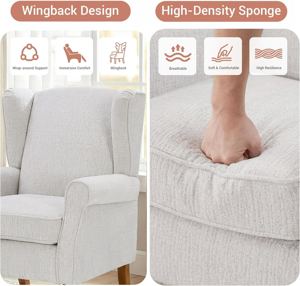 High Back Wingback Accent Chair, Modern Upholstered Armchair Comfy Reading Chair with Solid Wood Legs Bedroom