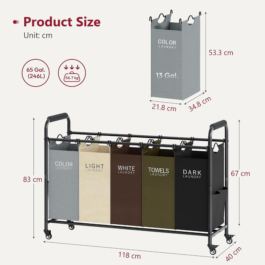 5 Bag Laundry Sorter Cart, Laundry Hamper 5 Section, 5 Colors | Rolling Laundry Basket with Heavy Duty Lockable