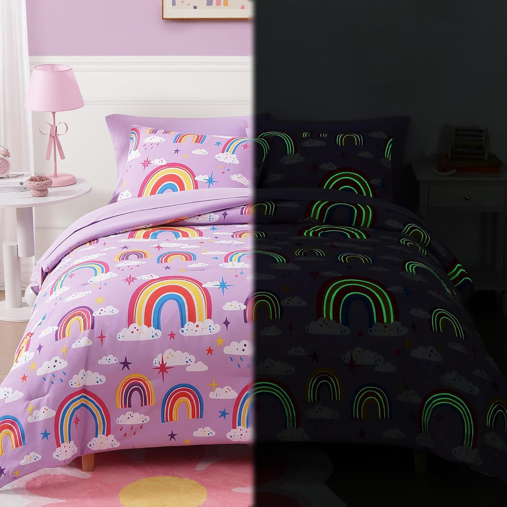 Full Comforter Set for Girls-7 Pieces Purple Rainbow Glow in the Dark Full Bedding Sets for Kids