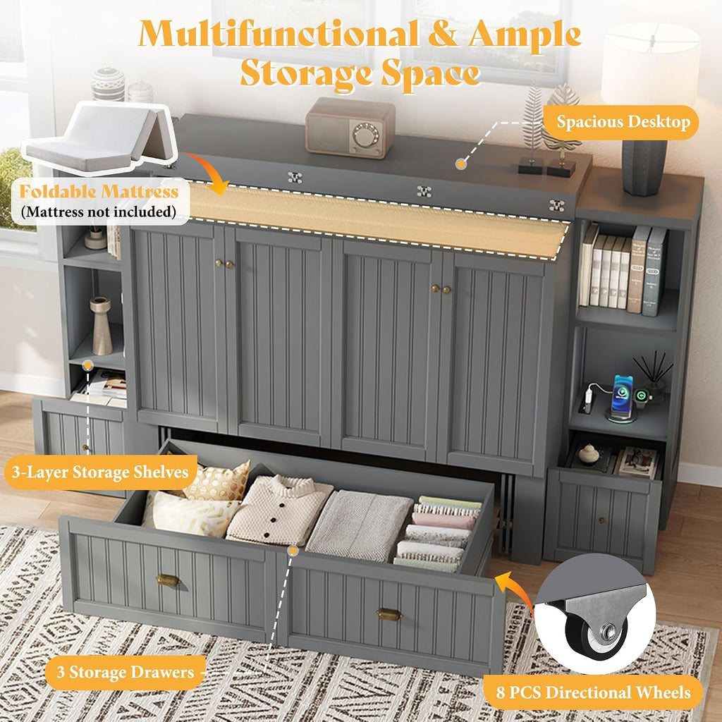 Full Murphy Bed with Bedside Tables, Foldable Cabinet with 3 Storage Drawers & Charging Station, Farmhouse Hideaway