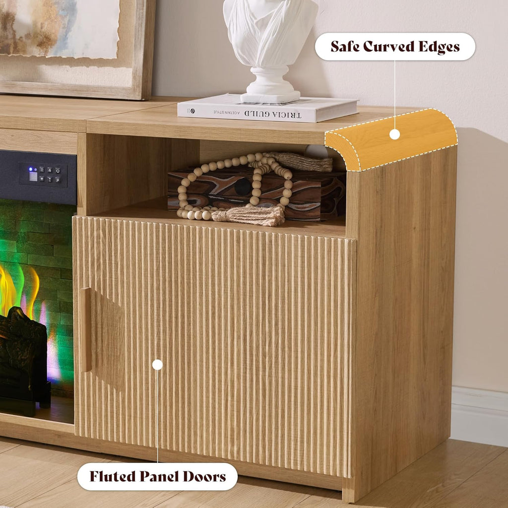 70" Fluted Fireplace TV Stand for TVs Up to 80", Modern TV Console with 30" Electric Fireplace & Storage Cabinets