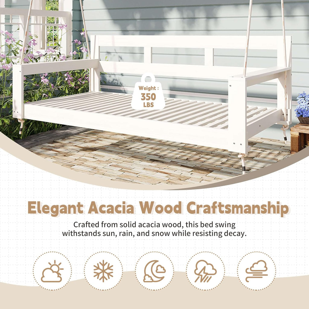 Twin Size Wooden Porch Swing Bed with 4 Heavy Duty Ropes, Outdoor Hanging Daybed Swing Bench Backyard Garden, Acacia