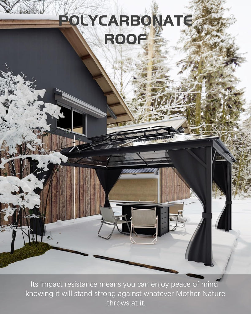10' x 13' Hardtop Gazebo with Polycarbonate Double Roof, Aluminum Frame Permanent Pavilion with Curtains and Netting