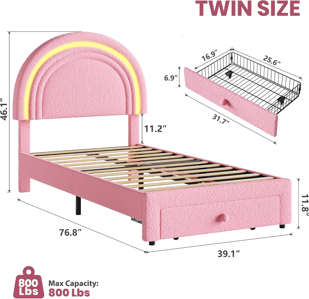 Twin Upholstered LED Bed Frame - with Storage Drawer and Rainbow Headboard, Berber Fleece Princess Platform Bed for