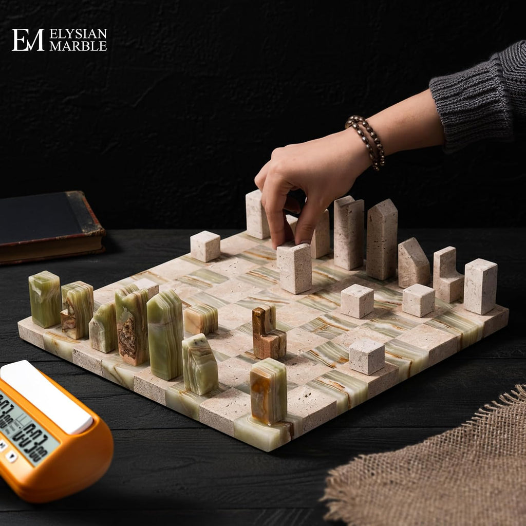 Modern Chess Set - Handcrafted Borderless Marble Chess Board with Minimalist Geometric Pieces, Luxury Decorative