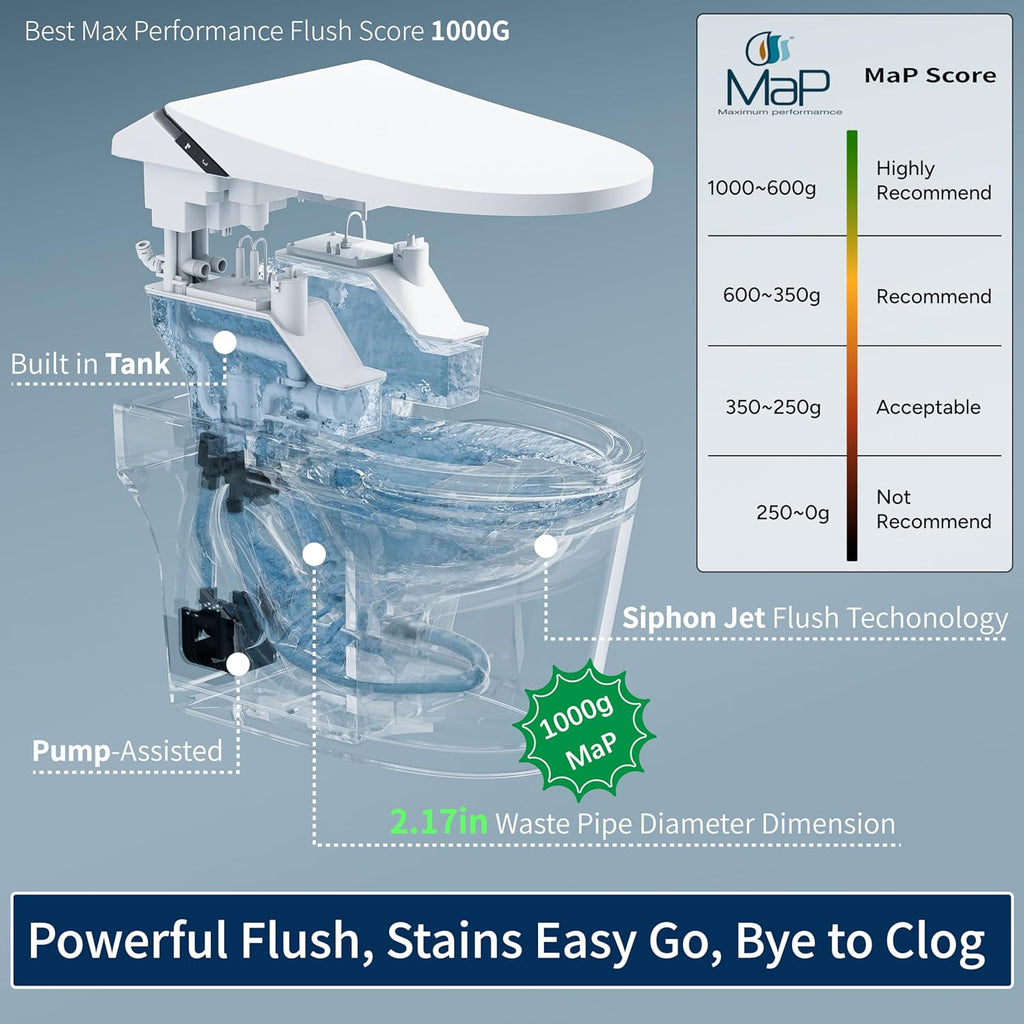 Smart Toilet with Built-In Bidet, Powerful Flush, Foam System, ADA Comfort Height, Auto Open and Close, Auto Flush, Heated Seat, Warm Water, Deodorizer