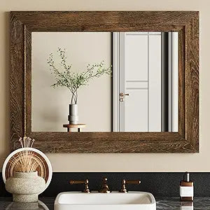 Rustic Wall-Mounted Vanity Mirror, Solid Wood Frame Bathroom Mirror, Farmhouse Style, Horizontal/Vertical Hanging