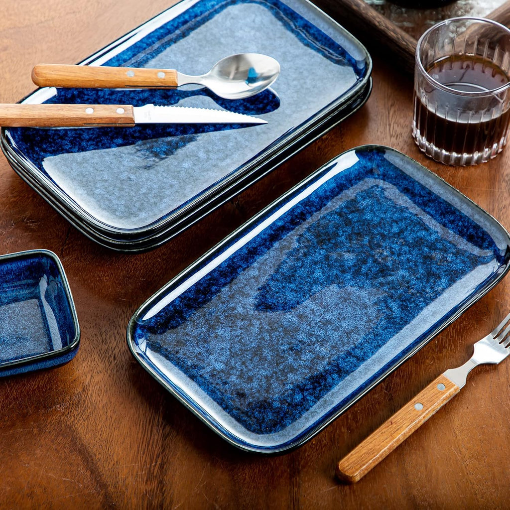 Stern Serving Platters Set of 4, 11 Inches Rectangular Ceramic Serving Plates, Blue Serving Trays for Entertaining