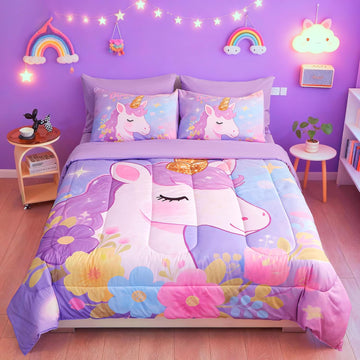 Comforter Set for Girls 5 Piece Unicorn Bedding Set for Girls Super Soft Microfiber Bed Set Bed in a Bag