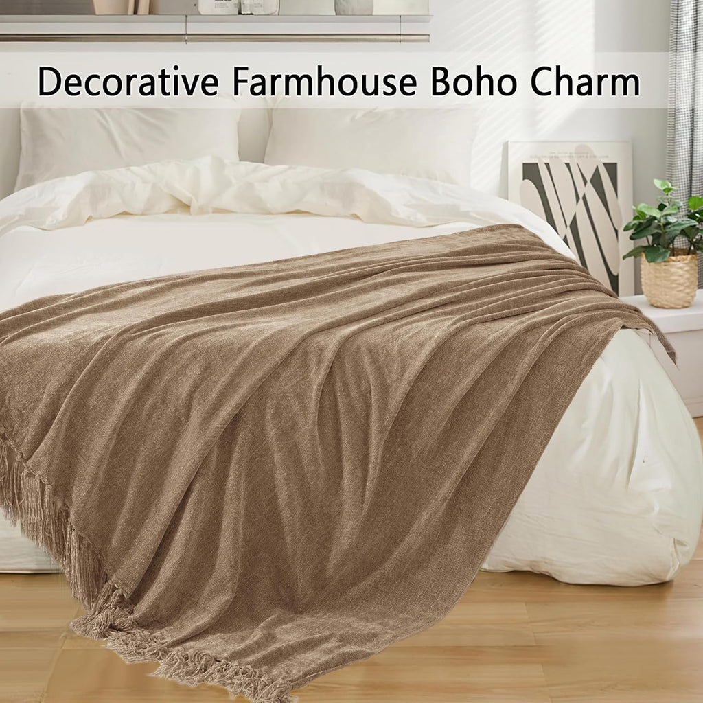Chenille Throw Blanket, Soft Cozy Throws with Fringe Tassel, Lightweight Knitted Decorative Boho Blankets, Taupe