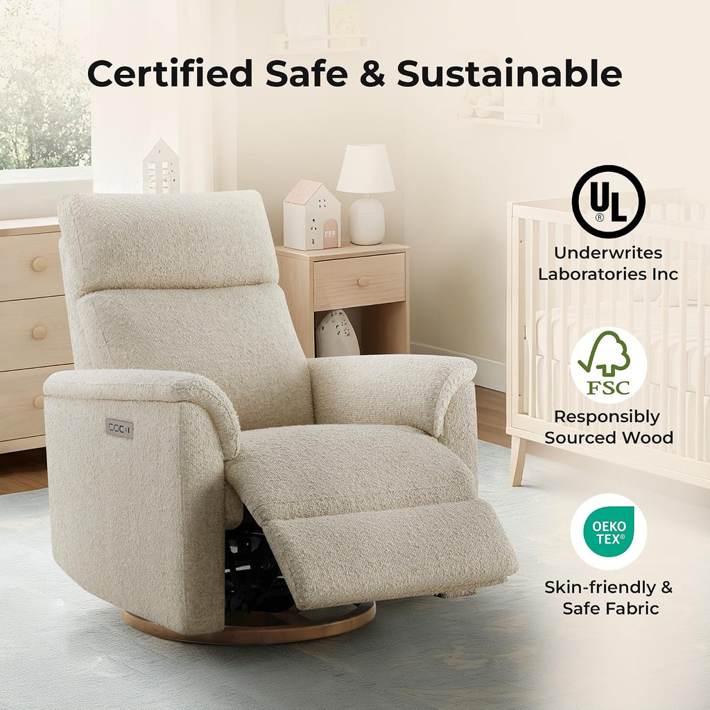 Power Recliner Chair with Nightlight, Nursery Glider, Boucle in Sand | Power Headrest, Water-Resistant Fabric