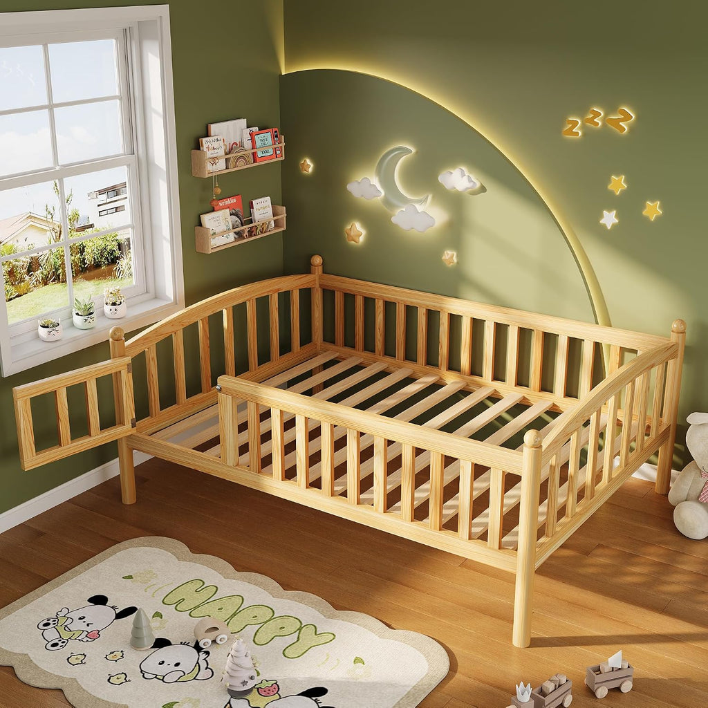 Twin Montessori Floor Bed Frame with High Rails and Door, Low-Profile Wood Kids Bed Frame with Slats, Twin Size