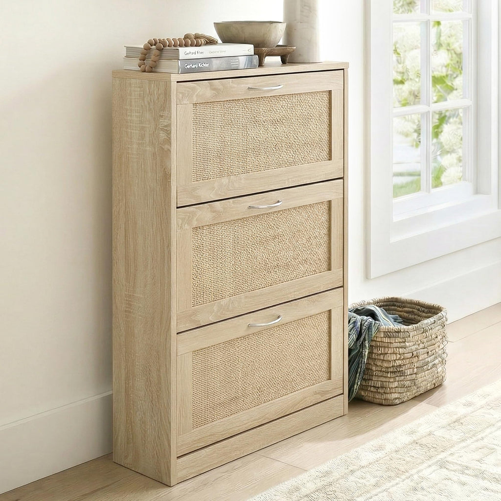 Rattan Shoe Storage Cabinet with 3 Flip Drawers