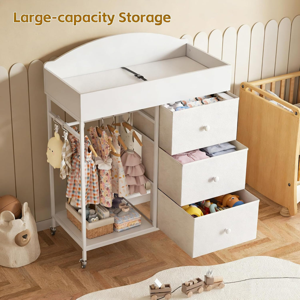 Changing Table Dresser with Clothing Rack and Storage Shelf,3-Drawer Baby Dresser with Changing Table Top,Diaper