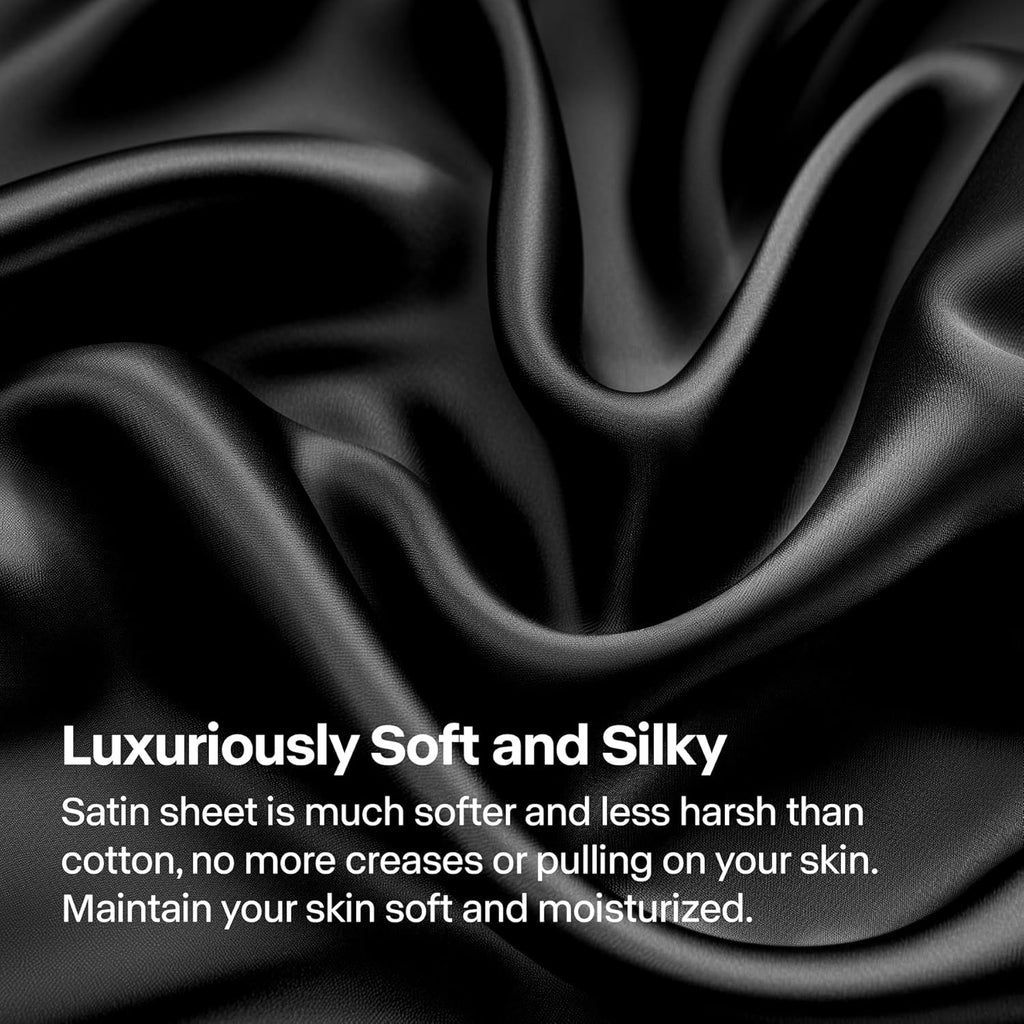 Satin Sheets Bed Set, Luxury Soft Black Silky Sheets for Hair and Skin, Similar to Silk Bed Sheets Set 4 Pieces
