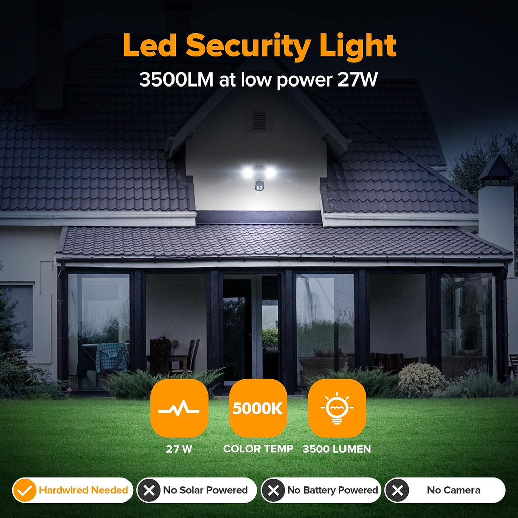 LED Security Light Motion Sensor Outdoor Lights, 27W 3500LM, 5000K, IP65 Waterproof, Dusk to Dawn, 2 Head Motion