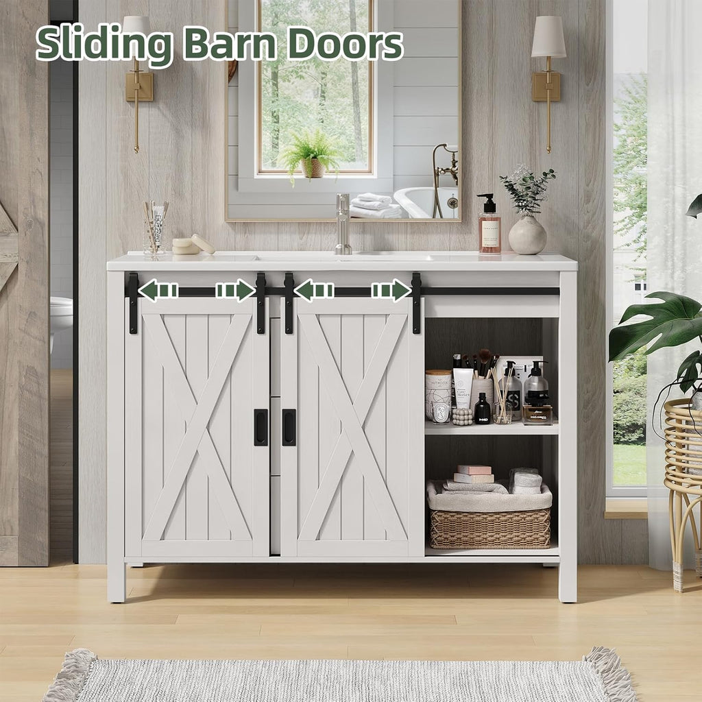 47.2 Inch Bathroom Vanity with Sink Combo, Farmhouse Sliding Barn Door Bathroom Vanity Cabinet