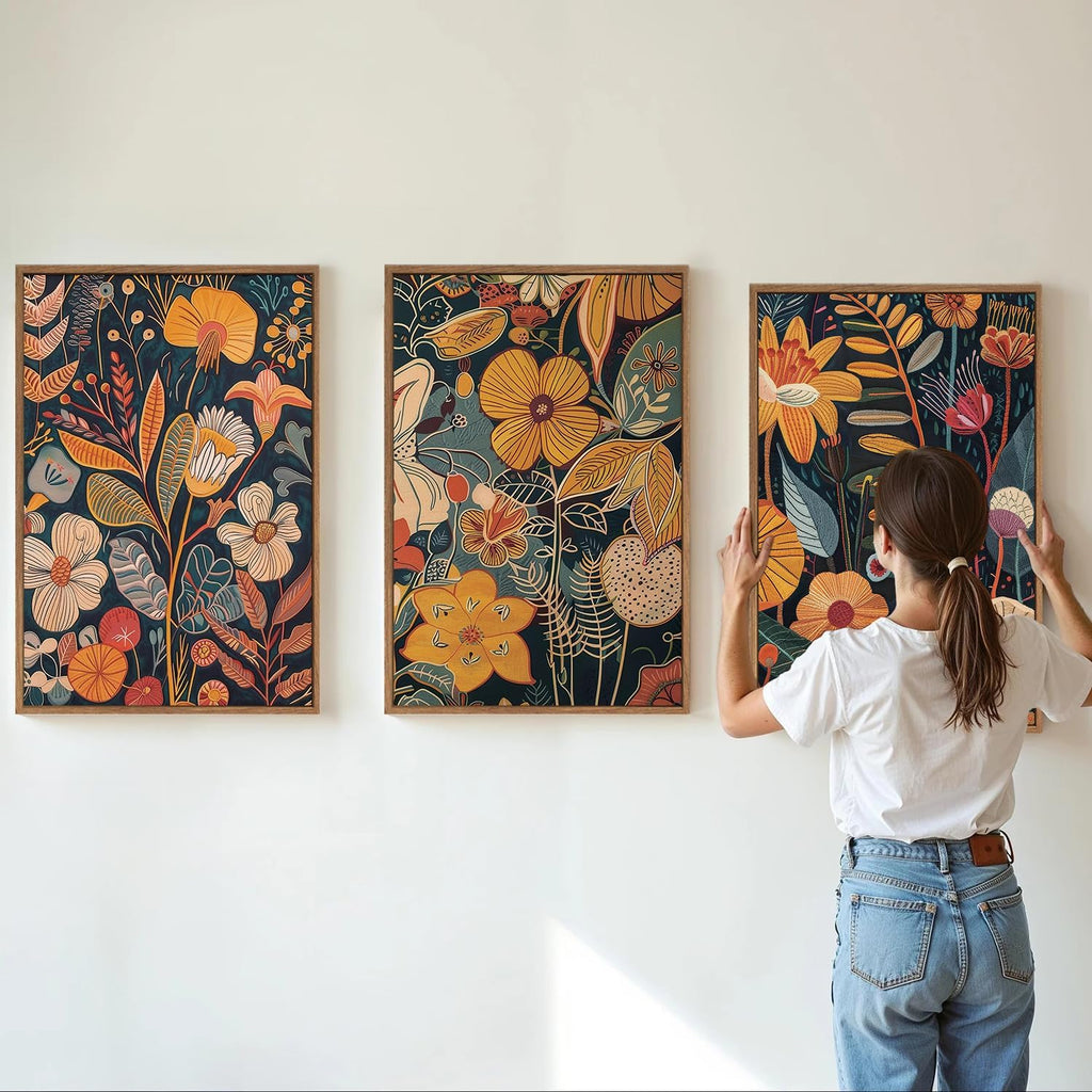 Orange Floral Framed Canvas Wall Art Set of 3, Mid Century Modern Flower Wall Decor, Neutral Plant Artwork, Boho