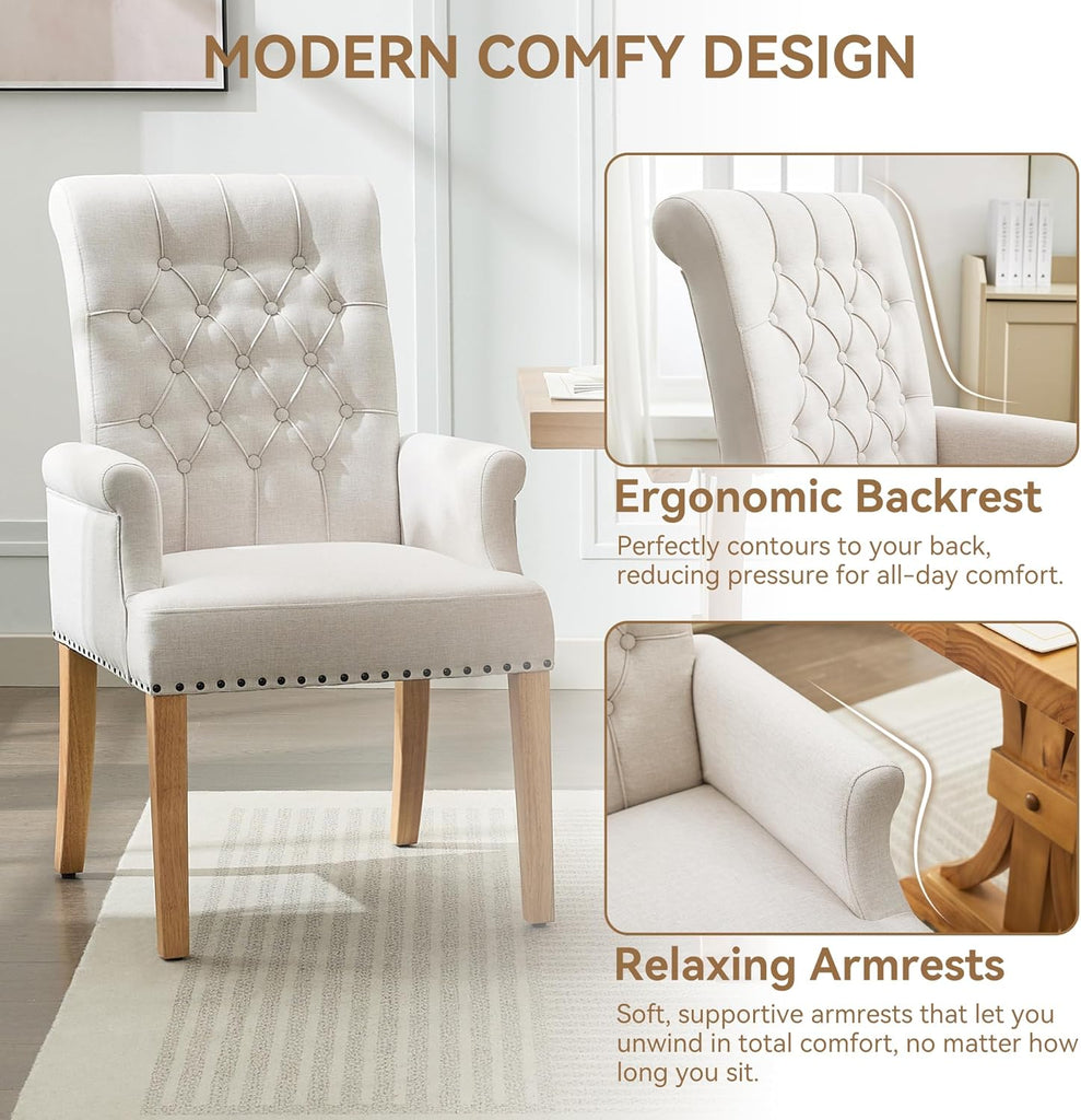 Fabric Dining Chair with Arms, Upholstered Tufted High Back Dining Room Chairs, Accent Armchair with Solid Wood Leg