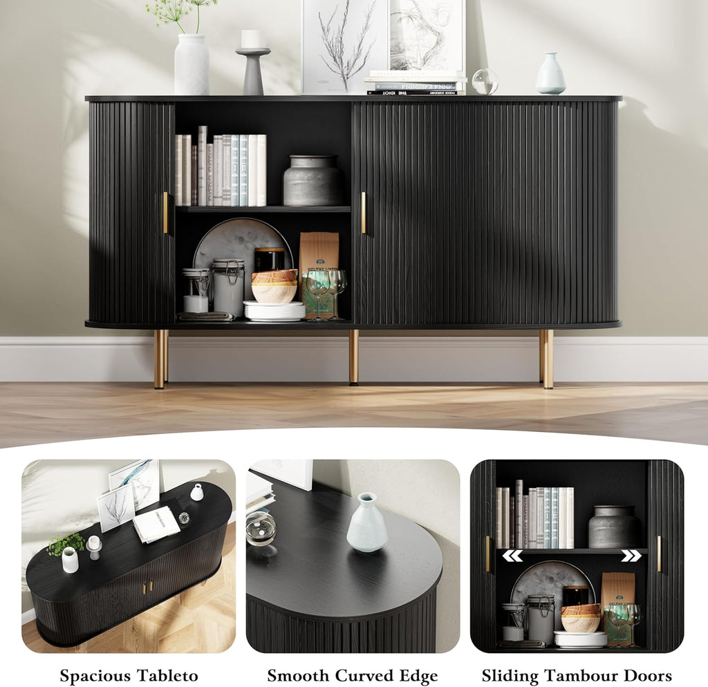 Sideboard Buffet Cabinet with Storage,Mid Century Modern Fluted Accent Coffee Bar Console Table,Tambour Sliding Doors& Adjustable Shelf for Kitchen, Living Room, Entryway(Black, 55 Inch)