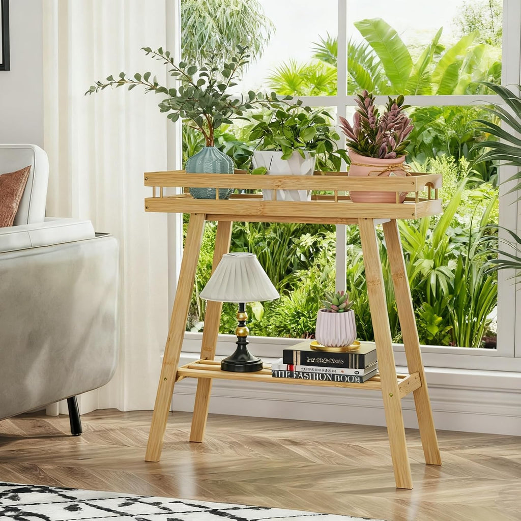 Bamboo Plant Stand Indoor, 2 Tier Small Plant Table, Tall Plant Stand for Indoor Plants, Window Sill Plant Shelf