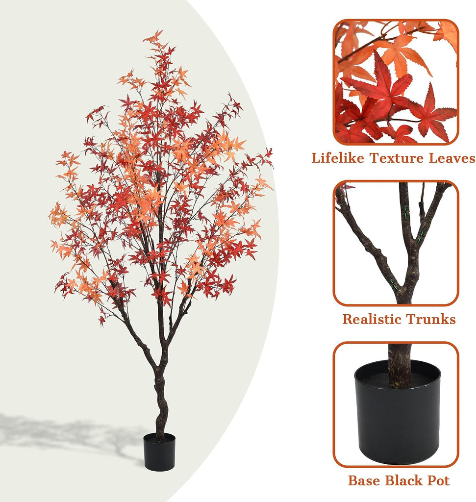 Maple Tree 7FT - Large Faux Plant Indoor with Orange Red Leaves & Realistic Trunk, 84" Tall Fake Autumn Maple Tree