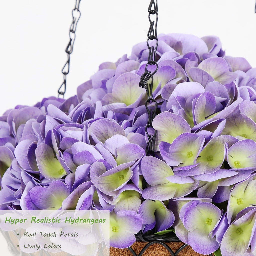 2 Pack Hanging Purple Hydrangea Artificial Flowers with 11in Basket, Outdoor Faux Silk Hydrangea Flowers, Real Touch