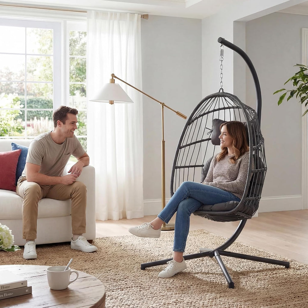 Indoor Outdoor Egg Hanging Chair with Stand, Charcoal Grey | Egg Chairs with UV Resistant Cushion for Indoor Bedroom