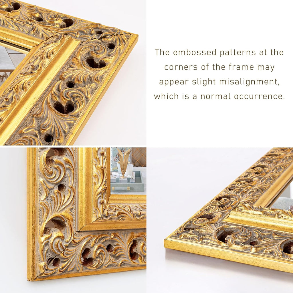 25"x37" Solid Wood Gold Leaf Wall Mirror, Ornate Decor Mirror, Cut-out Carvings Solid Wood Frame