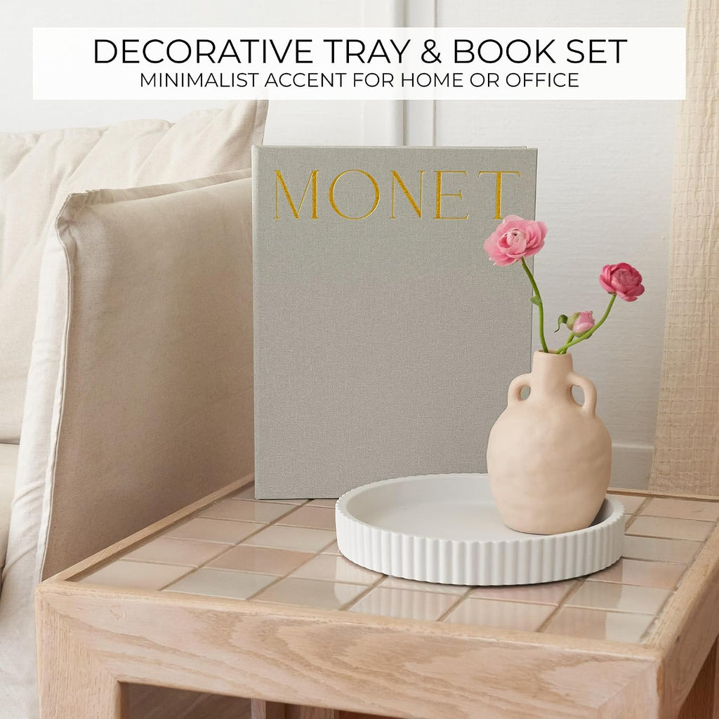 Decorative Concrete Tray & Book Decor Set - Scalloped Tray & Linen Box Enhance Your Coffee Table or Bookshelf Decor