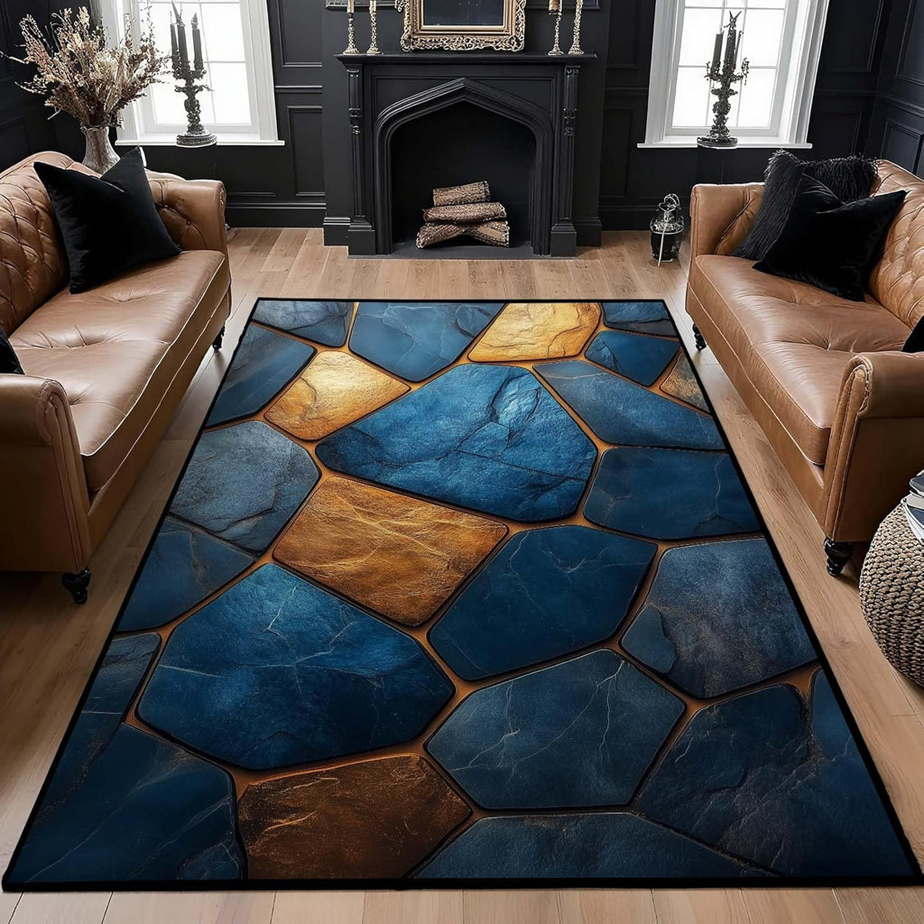 4x6 Marble Tiles Rug, Stone Tile Area Rug, Blue and Gold Geometry Marble Rugs, Washable Luxury Modern Contemporary Carpet