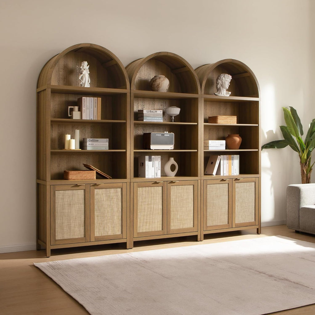 Book Shelf Arched Cabinet Bookshelf Arch 84.2" Tall Bookcase 5 Tier Large Bookshelves with Doors Storage Rattan Boho