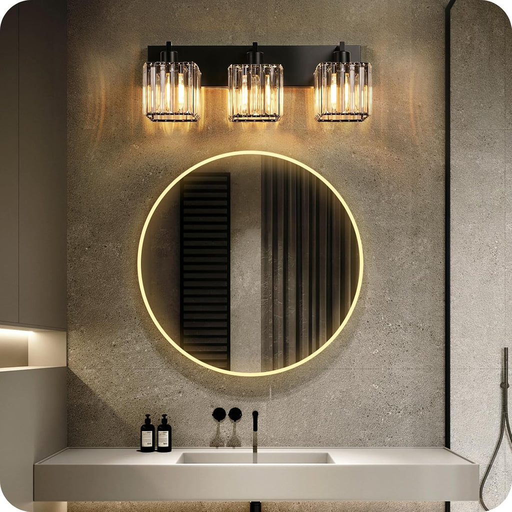 Modern Crystal Vanity Light, 3-Light Bathroom Light Fixture, 22" Square Vanity Lighting Fixture, E26 Base, Bulbs Not