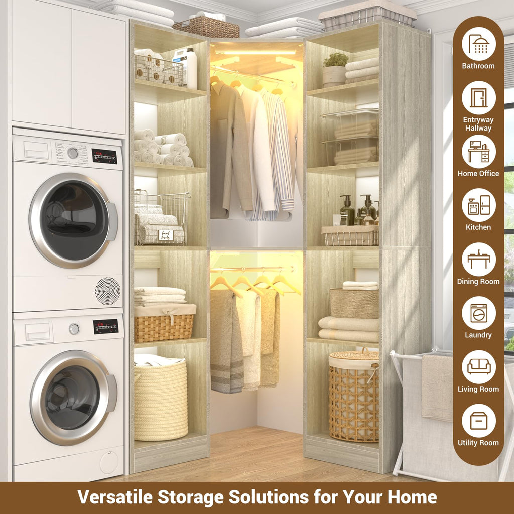 Corner Closet System with 2 Motion Sensor Lights, 39.2" Corner Closet Organizer with 12 Shelves, Closet System with 2