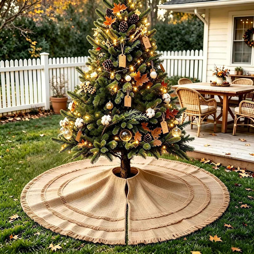 48" Burlap Christmas Tree Skirt with 3-Layer Tassel Design, Brown Rustic Farmhouse Jute Linen Large Fall Tree Skirt