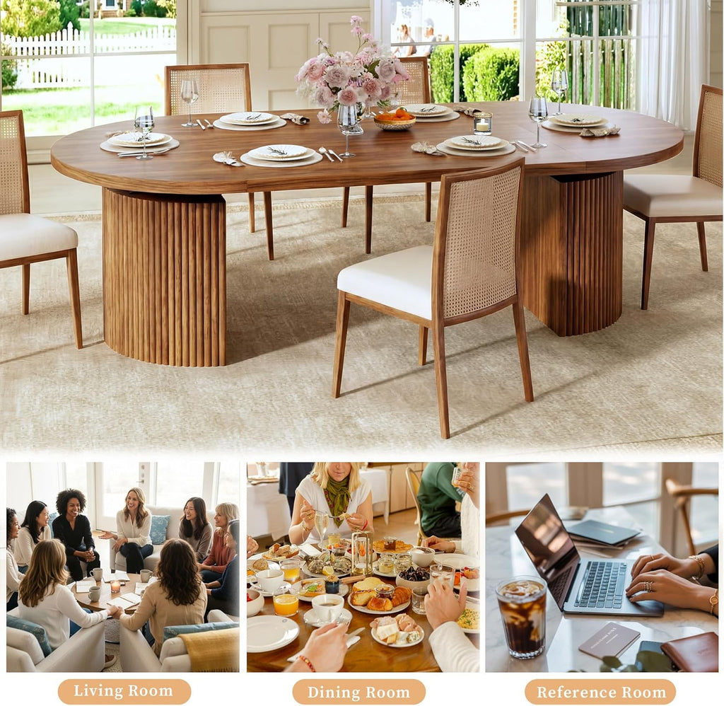 Extendable Round Dining Table for 4-8, 39in-77in Long Large Kitchen Table with Fluted Base, Space Saving Modern