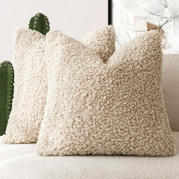 2 Pieces 20x20 Inch Light Khaki, Faux Fur Throw Pillow Cover Accent Pillow Fuzzy Soft Pillowcases Sheepskin